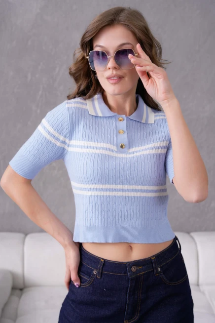 Kısa Kol Çizgili Viscon Triko Kazak