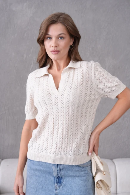 Polo Yaka Kısa Kol Ajurlu Polo Triko Kazak