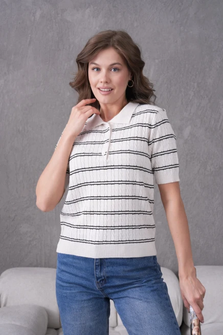 Polo Yaka Kısa Kol Desenli Polo Triko Kazak