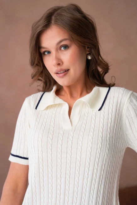 Polo Yaka Saç Örgü Kısa Kol Triko Kazak