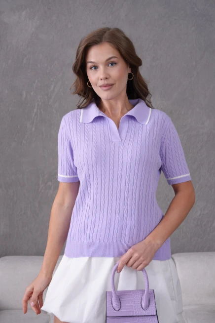 Polo Yaka Saç Örgü Kısa Kol Triko Kazak