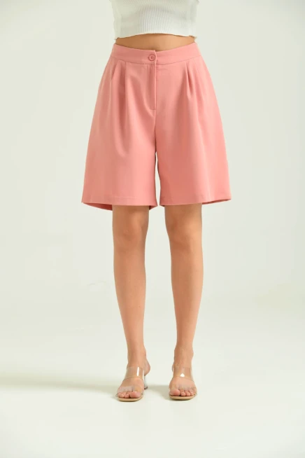 Kadın Pudra Uzun Basic Kumaş Şort