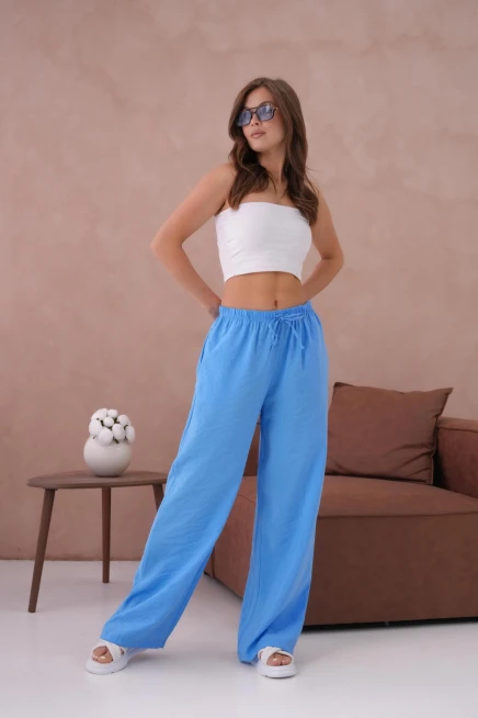 Yüksek Bel Lastikli Bol Paça Palazzo Dokuma Pantolon