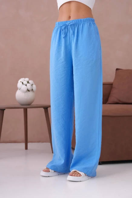 Yüksek Bel Lastikli Bol Paça Palazzo Dokuma Pantolon