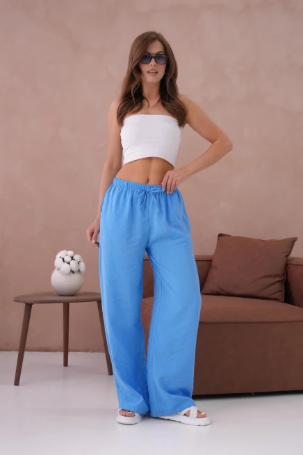 Yüksek Bel Lastikli Bol Paça Palazzo Dokuma Pantolon