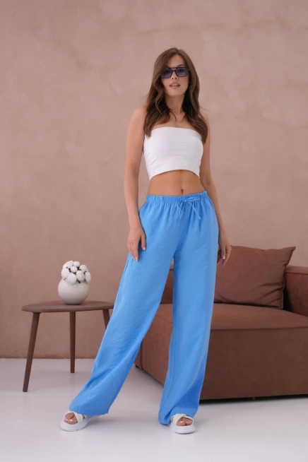 Yüksek Bel Lastikli Bol Paça Palazzo Dokuma Pantolon