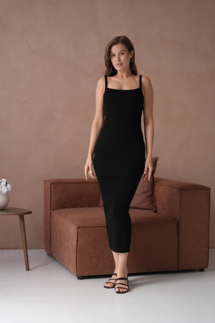 Siyah Askılı Kısa Kollu Maxi Elbise