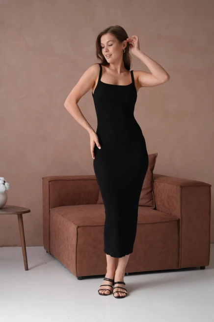 Siyah Askılı Kısa Kollu Maxi Elbise