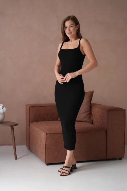 Siyah Askılı Kısa Kollu Maxi Elbise