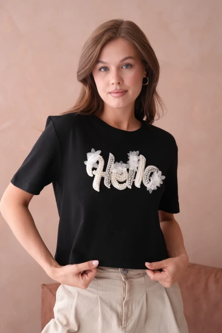 Siyah Yazlık Crop Basic T-Shirt