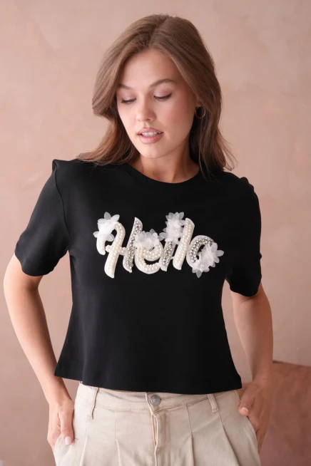 Siyah Yazlık Crop Basic T-Shirt