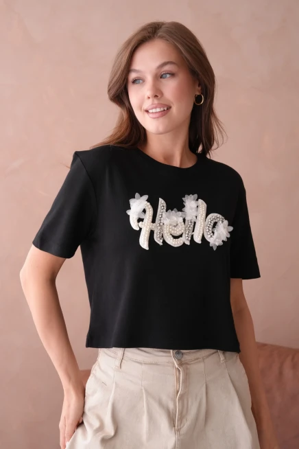 Siyah Yazlık Crop Basic T-Shirt