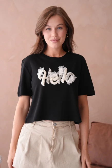 Siyah Yazlık Crop Basic T-Shirt