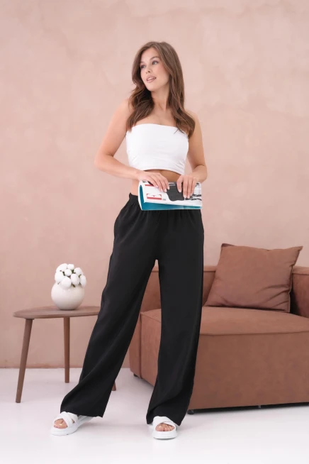 Yüksek Bel Lastikli Bol Paça Palazzo Dokuma Pantolon