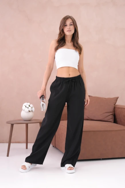 Yüksek Bel Lastikli Bol Paça Palazzo Dokuma Pantolon