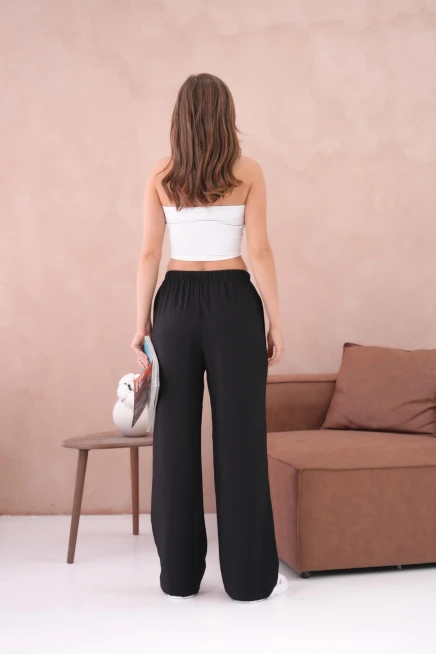 Yüksek Bel Lastikli Bol Paça Palazzo Dokuma Pantolon