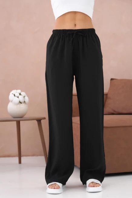 Yüksek Bel Lastikli Bol Paça Palazzo Dokuma Pantolon