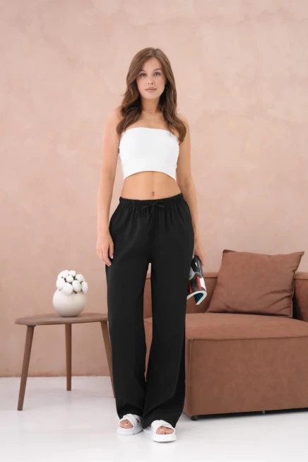 Yüksek Bel Lastikli Bol Paça Palazzo Dokuma Pantolon