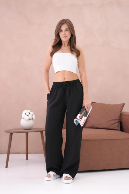 Yüksek Bel Lastikli Bol Paça Palazzo Dokuma Pantolon