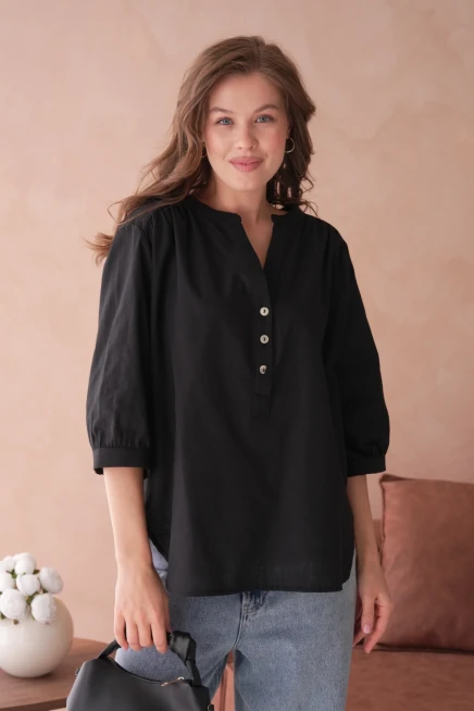 V Yaka Düğme Detaylı Dokuma Bluz