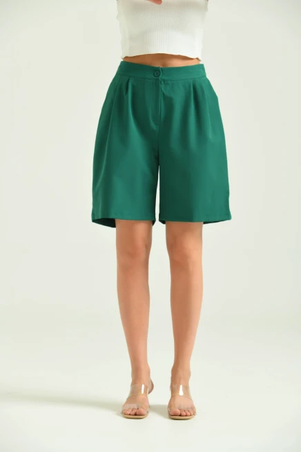 Kadın Zümrüt Uzun Basic Kumaş Şort