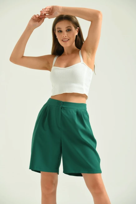 Kadın Zümrüt Uzun Basic Kumaş Şort