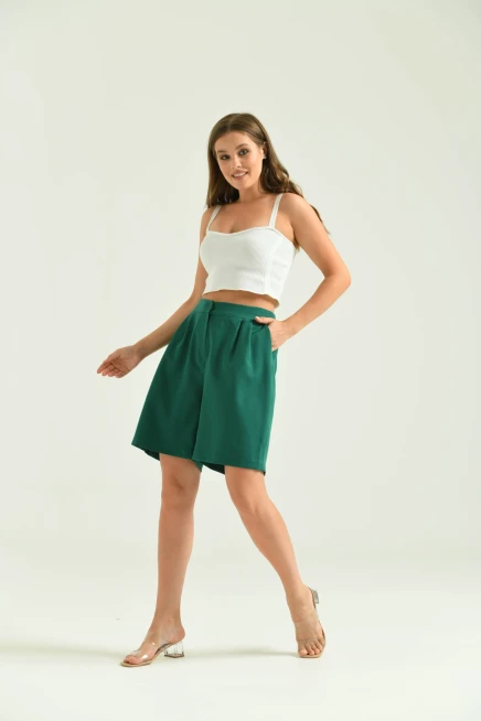Kadın Zümrüt Uzun Basic Kumaş Şort
