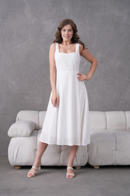 Kare Yaka Kolsuz Astarlı Brode Elbise