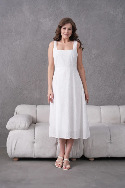 Kare Yaka Kolsuz Astarlı Brode Elbise