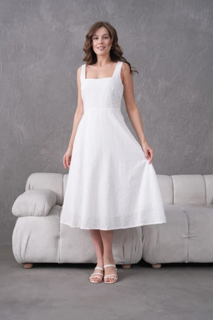 Kare Yaka Kolsuz Astarlı Brode Elbise