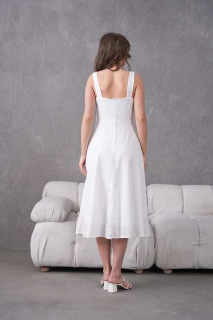 Kare Yaka Kolsuz Astarlı Brode Elbise