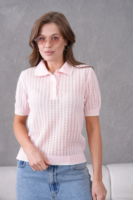 Polo Yaka Ajurlu Kısa Kol Triko Kazak