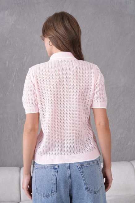 Polo Yaka Ajurlu Kısa Kol Triko Kazak