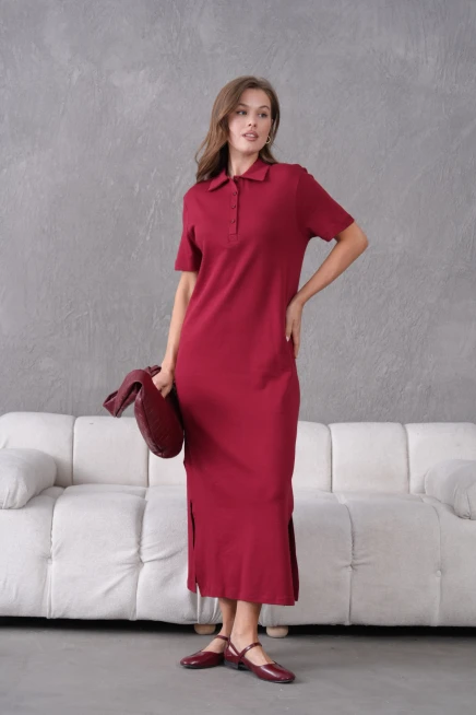 Polo Yaka Kısa Kol Yırtmaçlı Salaş Penye Elbise