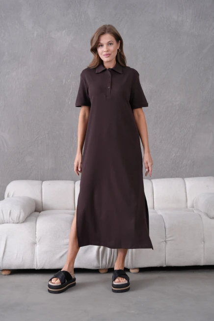 Polo Yaka Kısa Kol Yırtmaçlı Salaş Penye Elbise