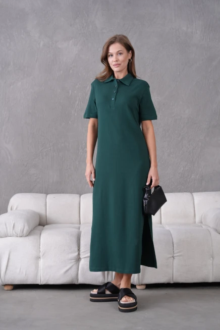 Polo Yaka Kısa Kol Yırtmaçlı Salaş Penye Elbise