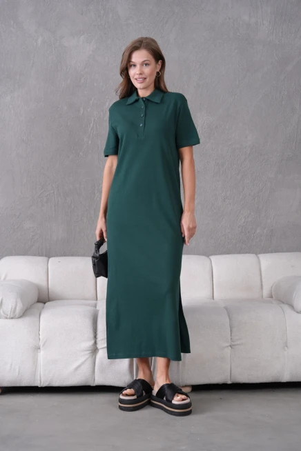 Polo Yaka Kısa Kol Yırtmaçlı Salaş Penye Elbise