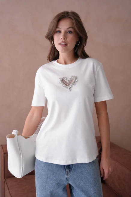 Taş Aksesuar Detaylı Kısa Kol Basic T-Shirt