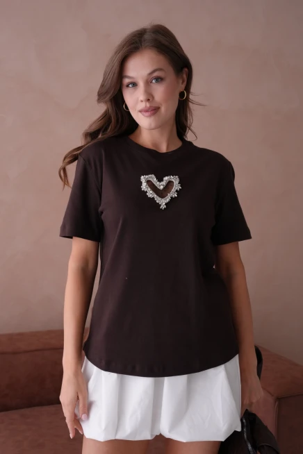 Taş Aksesuar Detaylı Kısa Kol Basic T-Shirt