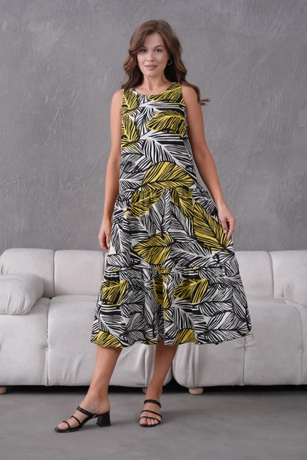Yaprak Desenli Volanlı Kolsuz Dokuma Elbise