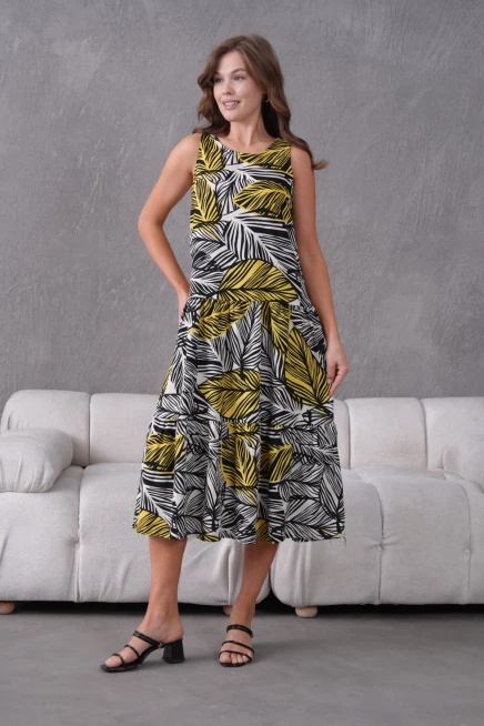 Yaprak Desenli Volanlı Kolsuz Dokuma Elbise