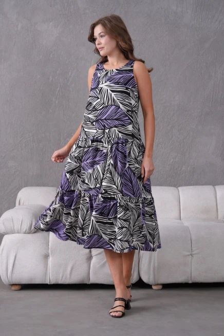 Yaprak Desenli Volanlı Kolsuz Dokuma Elbise