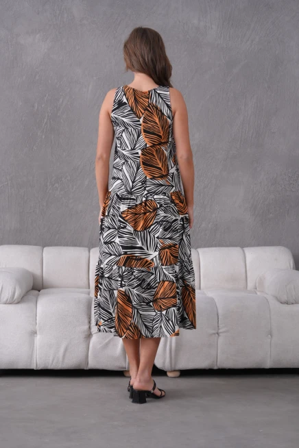 Yaprak Desenli Volanlı Kolsuz Dokuma Elbise