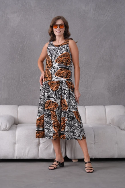 Yaprak Desenli Volanlı Kolsuz Dokuma Elbise