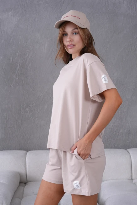 Bisiklet Yaka Kısa Kol Üst Bel Bağcıklı Lastikli Şort Basic Örme İkili Takım