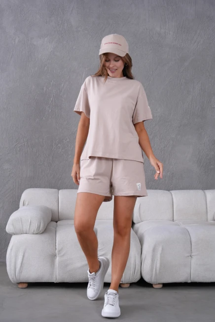 Bisiklet Yaka Kısa Kol Üst Bel Bağcıklı Lastikli Şort Basic Örme İkili Takım