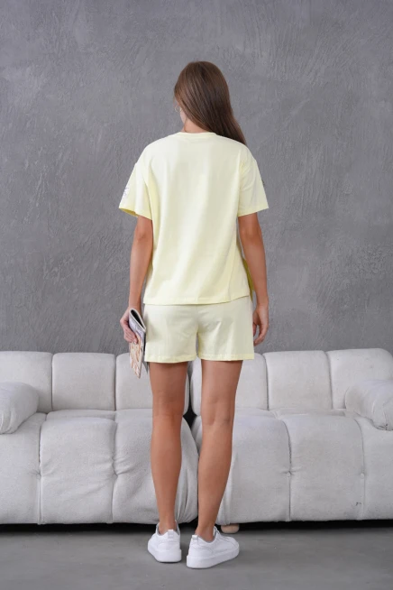 Bisiklet Yaka Kısa Kol Üst Bel Bağcıklı Lastikli Şort Basic Örme İkili Takım