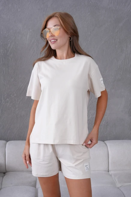 Bisiklet Yaka Kısa Kol Üst Bel Bağcıklı Lastikli Şort Basic Örme İkili Takım