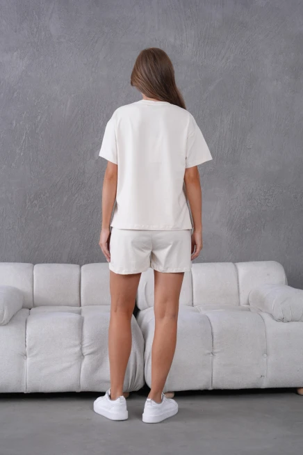 Bisiklet Yaka Kısa Kol Üst Bel Bağcıklı Lastikli Şort Basic Örme İkili Takım