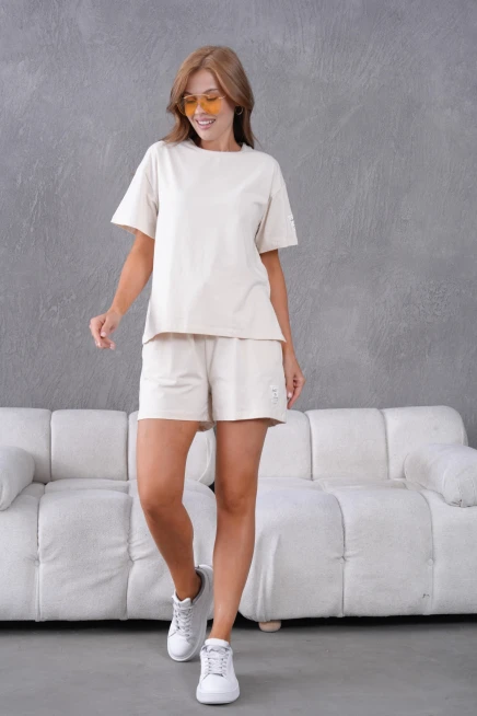 Bisiklet Yaka Kısa Kol Üst Bel Bağcıklı Lastikli Şort Basic Örme İkili Takım